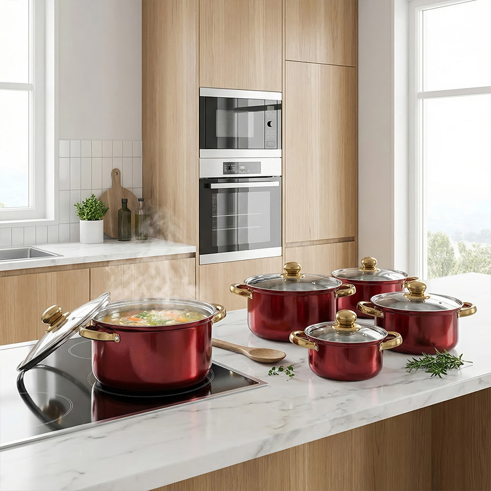 10PCS Multifunctional Stainless Steel Soup Pot Set, Milk Pot for Daily Kitchen Cooking, Hot Pot and Instant Noodles, Sturdy Gold-Plated Handles, Red