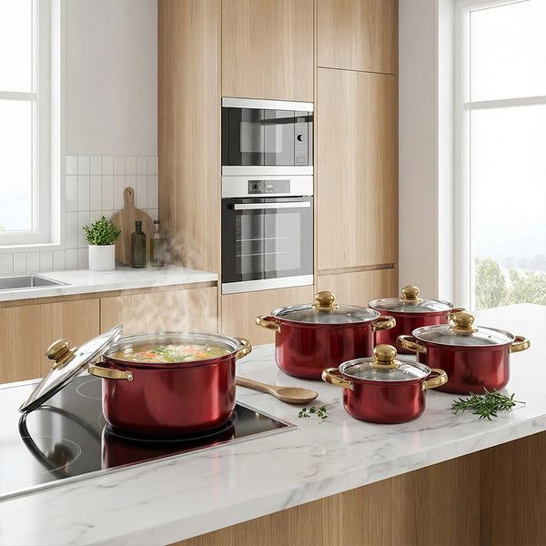 10PCS Multifunctional Stainless Steel Soup Pot Set, Milk Pot for Daily Kitchen Cooking, Hot Pot and Instant Noodles, Sturdy Gold-Plated Handles, Red