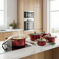 10PCS Multifunctional Stainless Steel Soup Pot Set, Milk Pot for Daily Kitchen Cooking, Hot Pot and Instant Noodles, Sturdy Gold-Plated Handles, Red