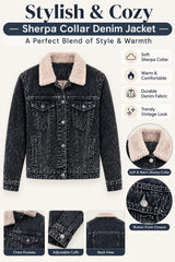 Women'S Black Denim Jacket with Sherpa Collar, Fleece Lined Jean Trucker Jacket, Warm Button Up Long Sleeve Winter Coat, Casual Vintage Denim Outerwear with Pockets