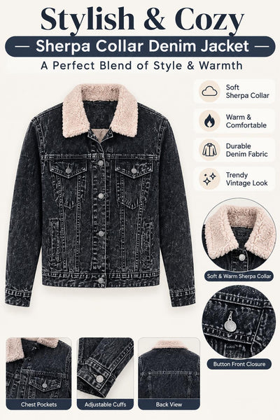 Women'S Black Denim Jacket with Sherpa Collar, Fleece Lined Jean Trucker Jacket, Warm Button Up Long Sleeve Winter Coat, Casual Vintage Denim Outerwear with Pockets