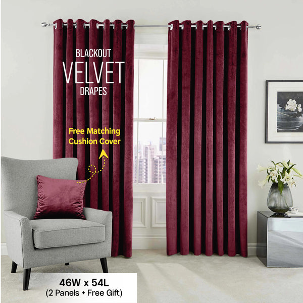 2pc Luxury Velvet Curtain Panels with Free Matching Velvet Cushion Cover – Thermal Insulated Grommet Top Drapes, Energy Saving Curtain Panels for Bedroom & Living Room Home Decor, Perfect Holiday Gift