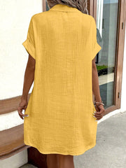 Women's Summer Lapel Collar Button- Shirt Dress - Short Sleeve Pocket Mini Dress with Pocket, Solid Color Pencil Suit Dress for Office, Semi-Formal Wear, Machine Washable Blouse Style Dress