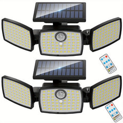 1/ 2pcs Solar Outdoor Lights, 358LED Security Lights with Remote Control, 3 Heads Motion Sensor Lights, IP65 Waterproof, 270° Wide Angle Flood Wall Lights with 3 Modes