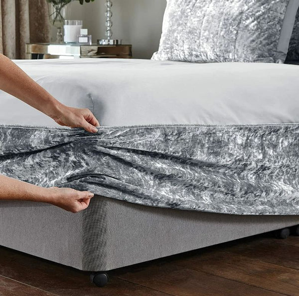 Elegant Silver Grey Crushed Velvet Wrap Around Bed Skirt - 40CM Extra Deep Bedbase Cover for Bedroom Guest Room with Adjustable All Around Elastic for Easy Fit - Soft, Breathable, and Dust-Repelling