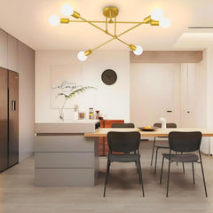 6-Light Modern Gold Sputnik Chandelier, Industrial Semi Flush Mount Ceiling Light Fixture, E27 Hardwired Metal Lamp for Living Room Dining Room