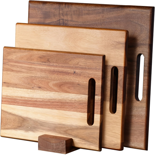 3pcs Acacia Wood Cutting Boards Set | Large Wooden Cutting Boards with Handle, Thick Chopping Boards for Meat, Fruit, Vegetables, and Cheese - Polished Surface, Safe