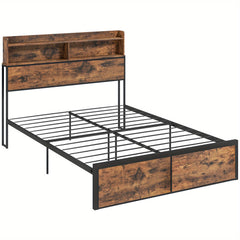 Industrial Double Bed Frame, 4. 8FT Steel Bed Base with Storage Headboard, Footboard, Slatted Support and Under Bed Storage, 145 x 209cm, Rustic Brown