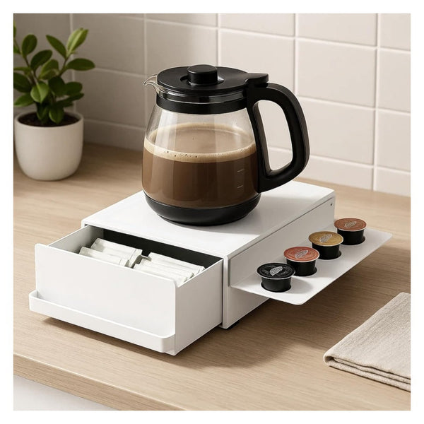 Modern Coffee Capsule Drawer Rack with Sliding Side Tray, Multi-Purpose Countertop Storage Box for Kitchens, Coffee Bars, Offices & Worktops