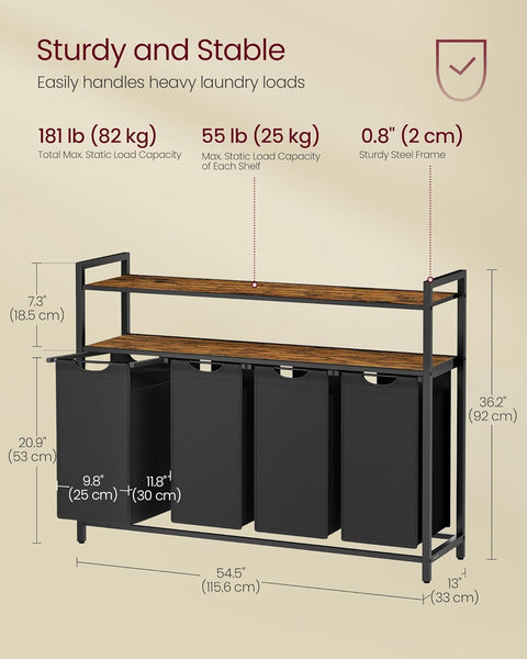 VASAGLE Laundry Basket, Laundry Hamper with 4 Pull-Out and Removable Laundry Bags, 2 Shelves, 4 X 40 L, for Laundry Room, Rustic Brown and Black BLH214B01