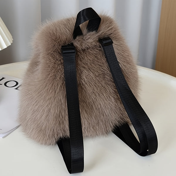 1pc Women's Plush Faux Fur Backpack - Soft Mini Daypack with Adjustable Drawstring Closure & Strap, Golden-Tone-like Black Tip (No-Washable) - Elegant White/Black Mini Bag for,, Travel - Faux-Fur Coat-Like Texture Purse, Bags For Women, Small Backpack For