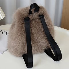 1pc Women's Plush Faux Fur Backpack - Soft Mini Daypack with Adjustable Drawstring Closure & Strap, Golden-Tone-like Black Tip (No-Washable) - Elegant White/Black Mini Bag for,, Travel - Faux-Fur Coat-Like Texture Purse, Bags For Women, Small Backpack For
