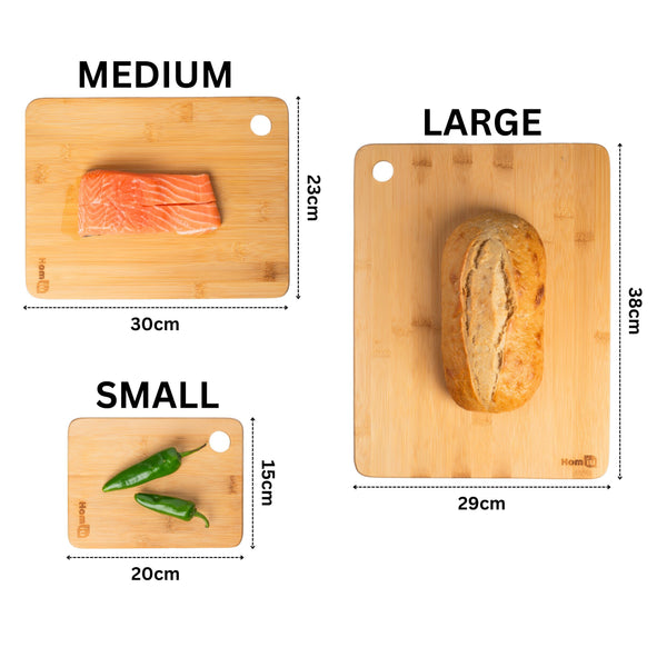 Homiu Premium Extra-Thick Wooden Bamboo Chopping Boards - 3 Piece Bamboo Cutting Board Set for Chopping Meat, Cheese, Bread, Vegetables - Multipurpose Bamboo Cutting Board for Kitchen