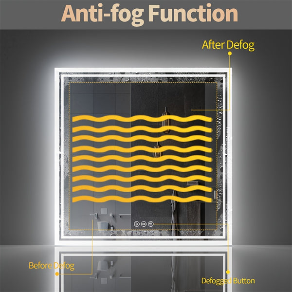 Square LED Bathroom Mirror Measuring 800X800Mm, Featuring Illuminated Backlighting, Wall Mounting, an Anti-Fog Demister, a Smart Touch Button, And Dimmable Settings for Makeup Application