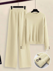 Women's 2pcs Set with Side Stripe| Crewneck Sweater & Relaxed Fit Straight Leg Pants| Soft Loungewear for Spring Autumn | European Casual Y Style