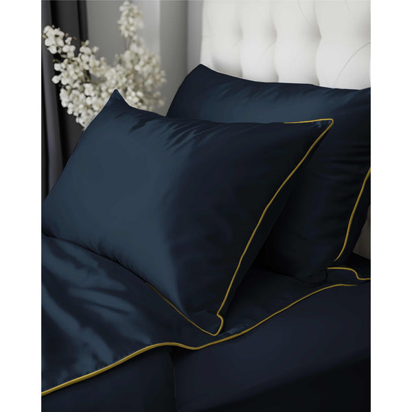 Luxury Dark Blue Duvet Cover Set with Gold Trim – 100% Cotton Sateen – Opulent Hotel Style Bedding for Single, Double, and King Beds
