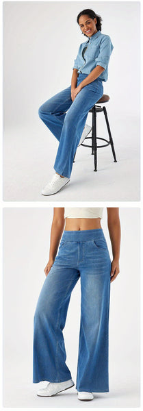 ' High Waisted Wide Jeans - Stretchy Pants with Multiple Pockets, -Washed - Casual Trousers for Jeanswear & Layering (Wide-Waisted Fit)