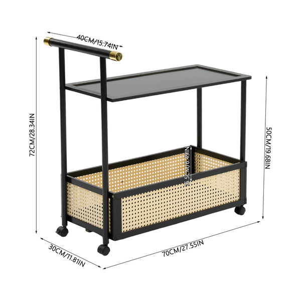 Movable sofa side table, large capacity, 50x30x70cm, double-layer design for living room and kitchen organization, versatile wicker-pattern storage basket, rolling side table, bedroom bedside storage side table, ideal for living rooms, bedrooms, and famil