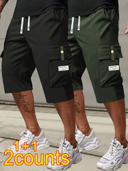 2pcs Men's Cargo Capri Pants with Drawstring Waist, Large Pockets, and Letter Patches for Summer, Fashion Casual Athletic Trousers