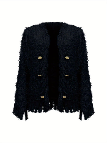 Women'S Elegant Fringed Cardigan Jacket Buttoned Neckline, Structured Silhouette with Fringed Hem Machine-Washable Autumn/Winter Outerwear Tailored Design