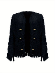 Women'S Elegant Fringed Cardigan Jacket Buttoned Neckline, Structured Silhouette with Fringed Hem Machine-Washable Autumn/Winter Outerwear Tailored Design