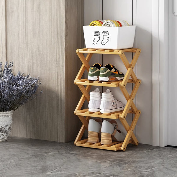 4/5/6/7 Tiers Bamboo Wooden Shoe Rack, Vertical Shoe Racks Storage Shelves Tall Shoe Tower, Collapsible Narrow Shoe Stand, Installation Free Folding X-Shape Shoe Racks Sneakers Slippers Holder Organizer, Multi Functional Shoe Rack Durable Footwear Cabinet