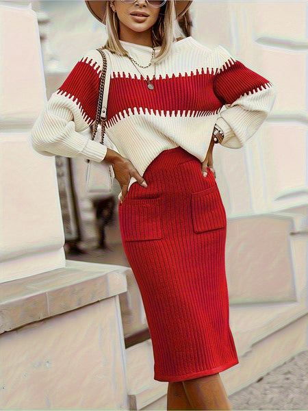 Chic Women's Ribbed Two-Piece Set: Color Block Sweater& Midi Skirt- Comfortable, Shaping Casual Wear for Fashion-Forward Ladies