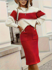 Chic Women's Ribbed Two-Piece Set: Color Block Sweater& Midi Skirt- Comfortable, Shaping Casual Wear for Fashion-Forward Ladies