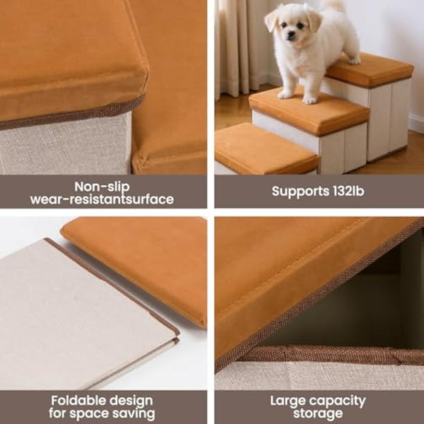 Foldable Dog Stairs, 3 Tier Pet Steps with Storage, Adjustable Dog Ramp for Bed and Sofa, Soft Flannel Pet Stairs for Small & Medium Dogs and Cats