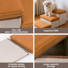 Foldable Dog Stairs, 3 Tier Pet Steps with Storage, Adjustable Dog Ramp for Bed and Sofa, Soft Flannel Pet Stairs for Small & Medium Dogs and Cats