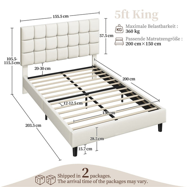 Costoffs Upholstered Bed Frame, Fabric Bed Frame with Fabric Headboard, Modern Platform Bed Frame with Strong Wooden Slats, Support and Square Tufted Headboard Height Adjustable, Double/King, Dark Gray/Light Gray/Beige
