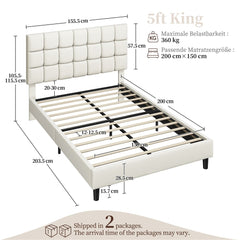 Costoffs Upholstered Bed Frame, Fabric Bed Frame with Fabric Headboard, Modern Platform Bed Frame with Strong Wooden Slats, Support and Square Tufted Headboard Height Adjustable, Double/King, Dark Gray/Light Gray/Beige