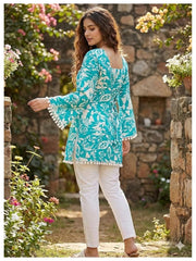 Estationeryhouse Cotton Printed Kurta Top, Long Sleeves, with White Tassels and Drawstring for Adjusting at Back