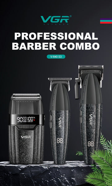 The VGR Men'S Electric Hair Clipper And Trimmer Set Features Interchangeable Ceramic Blades, Operates at High Speeds with 9000 RPM, Includes a Professional Hair Clipper with an LCD Display