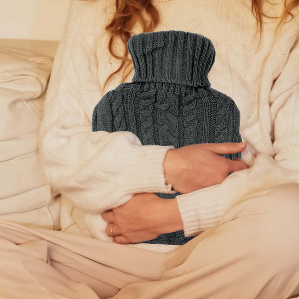 2L Hot Water Bottle with Built in Pockets & Knitted Cover Bag - Natural Rubber, Hot Water Bag for Hot and Cold Compress, Neck and Shoulder Pain – Hand Feet Warmer