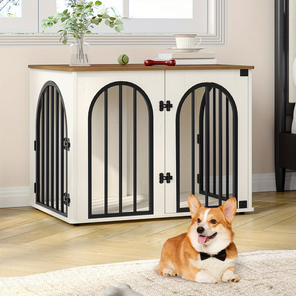 Dog Crate Furniture, 68cm Wooden Dog Crate, Indoor Kennel for Small Dogs, End Side Table Animal Crates, Anti-Chew, Anti-Escape, Arched Door Design, White Brown