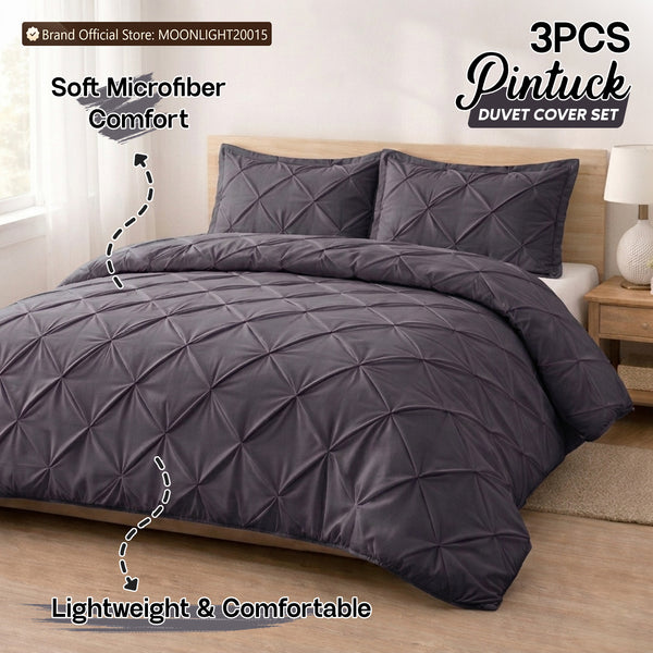 3pcs Luxury Pintuck Duvet Cover Set – Soft Breathable Microfiber Bedding Set, Elegant Pleated Design, Hotel Quality, Machine washable, All season use for Single, Double, King & Super King Sizes