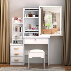 Dressing Table with LED Lights And Adjustable Brightness, Vanity Desk with Mirror, 4 Drawers, 6 Hidden Shelves, And Stool, Makeup Desk for Bedroom, Modern Makeup Table with Mirror And Chair (White)