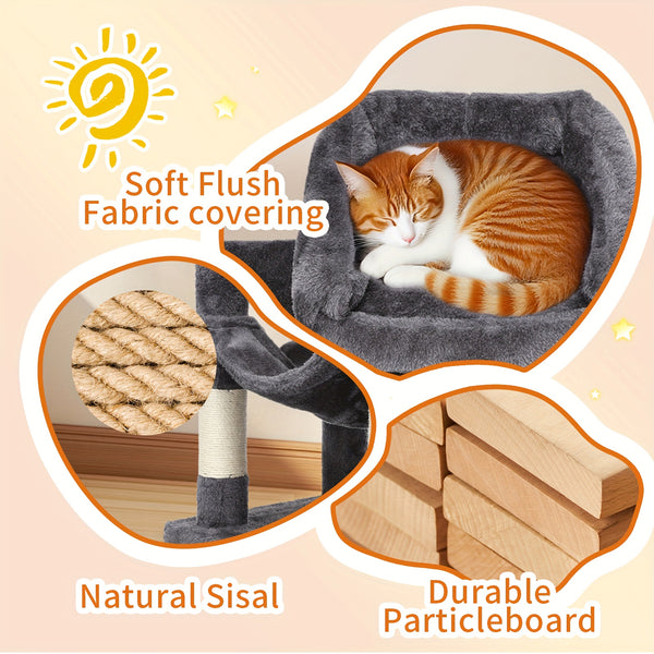 Cat Tree, 112 Cm Multi-Level Plush Cat Condo with 4 Scratching Posts, 2 Perches, Cave, Hammock, Pompoms, Light Grey