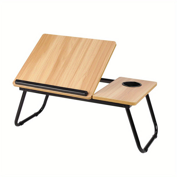 [Cozy Comfort] Versatile Folding Laptop Desk with Cup Holder - 5-Level Adjustable Tilt, Portable & Sturdy Wooden Frame, Ideal for Reading, Studying & Serving Breakfast in Bed - Available in Black, Walnut, Natural, Pink