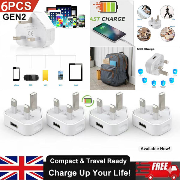 6pcs USB Wall Charger 3-Pin Plug Power Adapter for Mobile Phones And Tablets in The UK