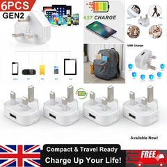 6pcs USB Wall Charger 3-Pin Plug Power Adapter for Mobile Phones And Tablets in The UK
