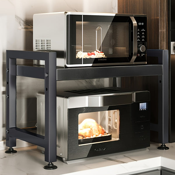 Extendable Black Kitchen Rack: 2 Tier Structure, 40 - 65cm, with 6 Hooks for Microwave Oven Holder, Utility Racks, Utility Racks