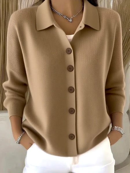 Women Lapel Collar Button Front Solid Long Sleeve Loose Casual Cardigan Top