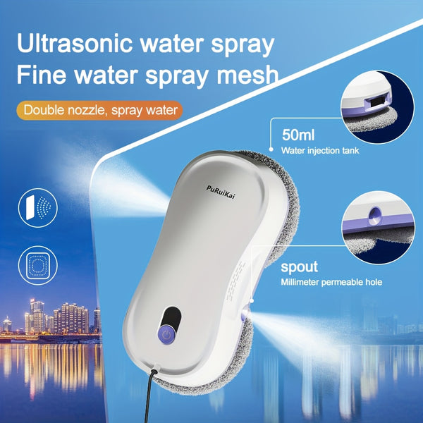 PuRuiKaiM8 Fully Automatic Plug-in Intelligent Window Cleaning Robot (2026 Latest Model) with Automatic Bidirectional Water Spray with Remote Control, 4.5-meter Anti Fall Safety Rope, Including 10 Cleaning Cloths And Spray Bottles
