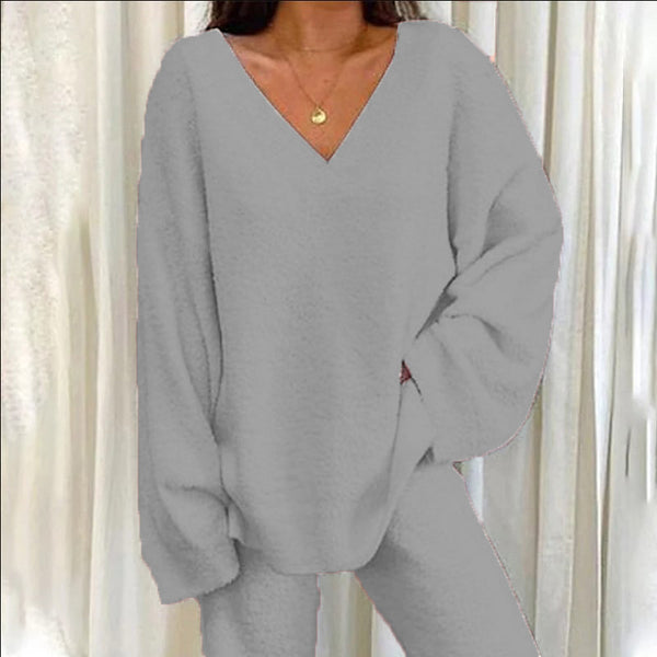 Women'S Winter Cozy Solid Color V-Neck 2pcs Casual Set - Soft Warm Outfits for Home Relaxation, Weekend Streaming & Cozy Friend Gatherings, Lounge Set, Casual Wear, Relaxed Fit, Vneck Design, Breathable Material, Comfortable Fabric, Twopiece Outfit, Women