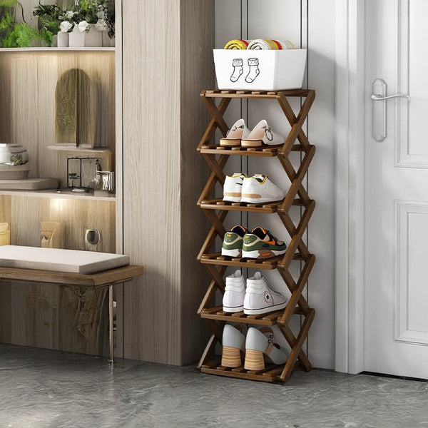 4/5/6/7 Tiers Bamboo Wooden Shoe Rack, Vertical Shoe Racks Storage Shelves Tall Shoe Tower, Collapsible Narrow Shoe Stand, Installation Free Folding X-Shape Shoe Racks Sneakers Slippers Holder Organizer, Multi Functional Shoe Rack Durable Footwear Cabinet