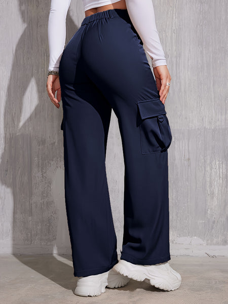 Flap Pocket Solid Color Cargo Pants, Y2K Slant Pocket Button Front Every Day Pants, Women's Clothing