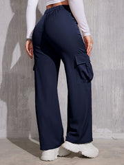 Flap Pocket Solid Color Cargo Pants, Y2K Slant Pocket Button Front Every Day Pants, Women's Clothing