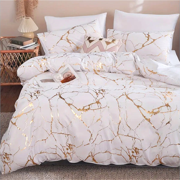 1set White Gilded Marble Pattern Duvet Cover Pillowcase Three-Piece Bedding Set with 2 Pillowcases for All Seasons and 1 Soft Duvet Cover Home Bedding Three-Piece Set